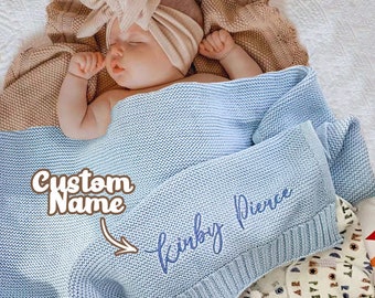 Custom Knit Baby Blanket Embroidered Name, Stroller Blanket Newborn Baby Gift, Personalized Baby Blanket Gift, Newborn Gift, New Mom Gift