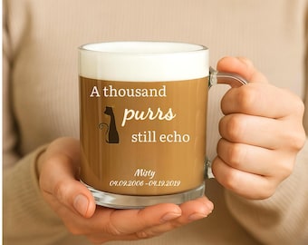 Taza de cristal personalizada conmemorativa para mascotas: recuerdo "Mil ronroneos"