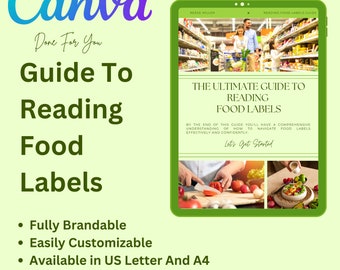 Guide to reading food labels, nutrition ebook template, health coaching resources for coaches, customizable Canva template, DFY content
