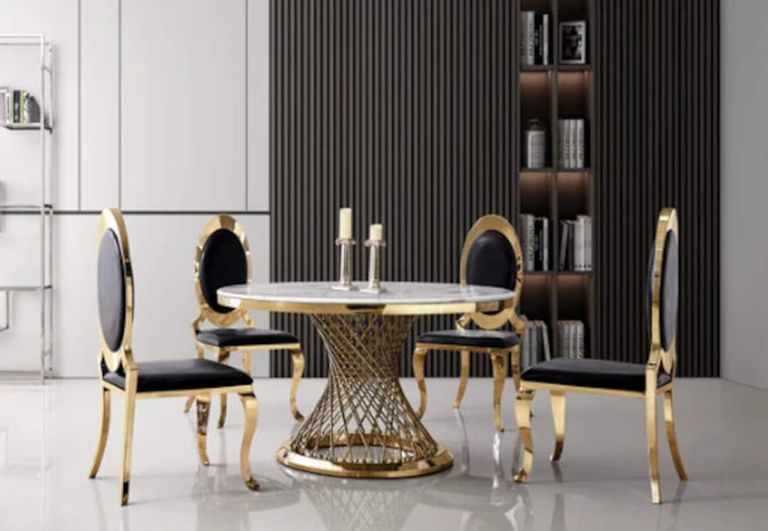 White Marble Round Dining Table With Gold Mirrored Finish Legs Etsy