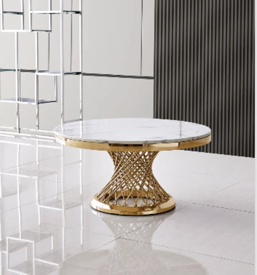 Round White Marble Coffee Table With Nest Style Gold Mirrored - Etsy