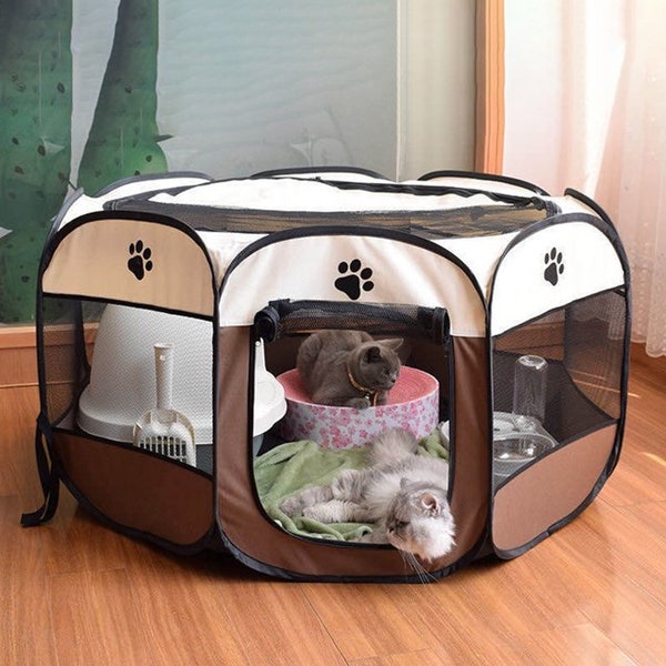 Portable Foldable Pet Playpen in Brown: Large Octagonal Dog Tent - Easy Setup, Durable Design, Ideal for Outdoors & Indoors