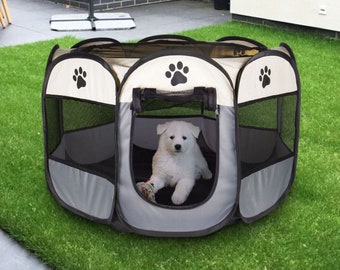 Portable Foldable Pet Playpen in Grey: Large Octagonal Dog Tent - Easy Setup, Durable Design, Ideal for Outdoor Fun