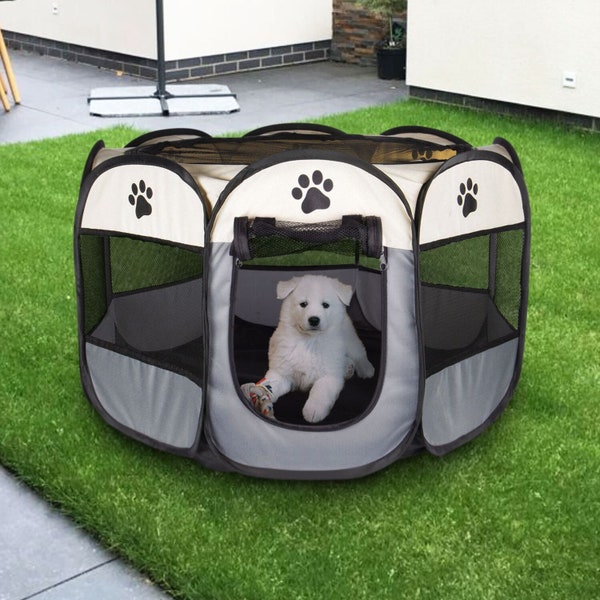 Portable Foldable Pet Playpen in Grey: Large Octagonal Dog Tent - Easy Setup, Durable Design, Ideal for Outdoor Fun