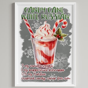 Candy Cane White Russian Christmas Cocktail Matte Vertical Poster,Bar Cart Art,Minimalist Cocktail Gift Ideas,Cocktail Recipe Card, UNFRAMED