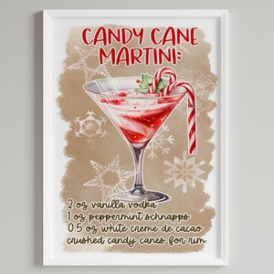 Pósteres verticales, impresión de cócteles navideños, decoración de barra de cocina, martini de bastón de caramelo, estética de cóctel, tarjeta de receta, SIN MARCO, pared navideña