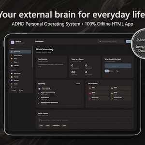 Könnte beinhalten: Ein Tablet-Bildschirm mit einer dunkel gestalteten Dashboard-Oberfläche namens ADHD Personal Operating System. Der Text lautet: Your external brain for everyday life. 100% Offline HTML App. Ein kreisförmiges Abzeichen besagt: No Subscriptions, Instant HTML Download.