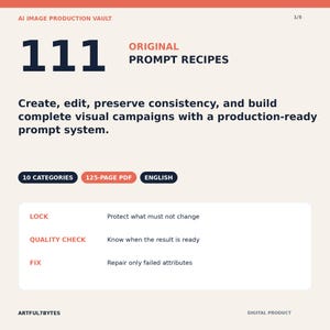 May include: A digital product document titled AI Image Production Vault 111 Original Prompt Recipes. It features text about creating visual campaigns, 10 categories, a 125-page PDF, and English language. Includes sections for Lock, Quality Check, and Fix.