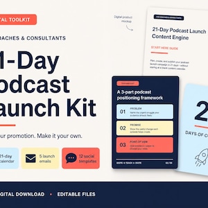 Könnte beinhalten: Ein digitales Toolkit für Coaches und Berater mit dem Titel 21-Day Podcast Launch Kit. Es enthält eine 21-Tage-Podcast-Launch-Content-Engine, einen 3-teiligen Podcast-Positionierungsrahmen und einen 21-Tage-Inhaltsleitfaden mit Kalender-, E-Mail- und Social-Media-Symbolen.