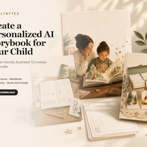 May include: A digital download course bundle titled Artful7Bytes, featuring a personalised AI storybook guide. Includes a workbook, prompt library, and quick start guide. The imagery displays an illustrated book, a workbook with sketches, and a box of cards with nature-themed illustrations, all presented in a soft, warm-toned aesthetic.