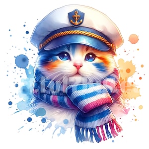 水彩画風の船乗り猫のクリップアート - 帽子とスカーフをかぶった可愛い航海猫のPNG、手描きの海の動物イラスト、デジタルダウンロード