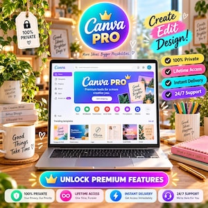 Op de afbeelding: Een laptop met de Canva Pro-interface en een verlooplogo, omringd door een mok met de tekst Good Things Take Time, een pennenhouder en diverse promotionele tekstvakken waaronder 100% Private, Lifetime Access en Unlock Premium Features.