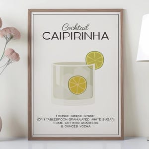 Impresión artística de cóctel Caipirinha, decoración de carrito de bar, póster de cóctel, letrero de bebida exclusivo, pared de moda, minimalista, elegante, sofisticado, retro