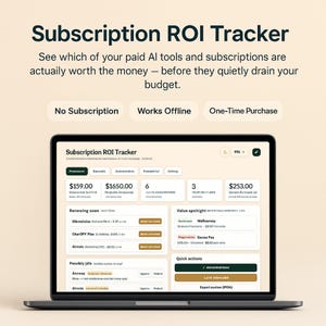 May include: A laptop screen displaying a Subscription ROI Tracker dashboard with data fields for costs, subscriptions, and renewals. The interface features a light beige background with dark text, organized into sections for financial tracking.