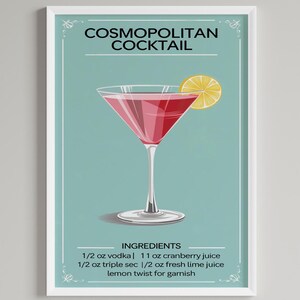 Cocktail Cosmopolitan Art Print, Bar Cart Decor,Cocktail Poster, Signature Drink Sign, Trendy Wall, Minimalist Elegant Sophisticated Retro