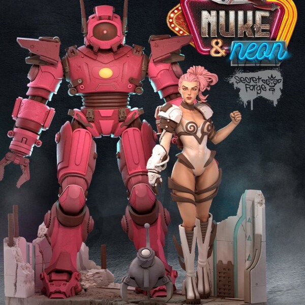 Nuke and Neon Retro 80s Robot dnd Miniature | Premium 3D Printed CyberPunk Tabletop Miniatures 75mm|   Miniature | DnD Miniature |