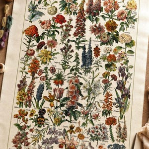 May include: A rectangular fabric panel featuring a detailed botanical print titled FLEURS, displaying numerous colorful flower illustrations with their names in French, including roses, irises, and lilies, arranged in a grid-like composition.