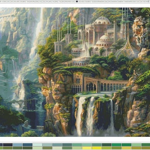 Puede incluir: Una pintura de paisaje detallada de una ciudad de fantasía construida en un acantilado rocoso con múltiples cascadas, árboles verdes exuberantes y arquitectura de piedra. La palabra Rivendell está impresa en oro en la esquina inferior derecha.