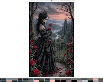 May include: A digital illustration of a figure in a long, dark, layered gown standing on a stone balcony. The figure holds a red rose, surrounded by climbing red rose bushes. In the background, a tall, dark castle sits under a cloudy, sunset sky.