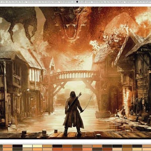 May include: A fantasy art print depicting a lone archer standing on a wooden dock, facing a massive dragon breathing fire over a burning medieval village. The scene features warm orange and brown tones, with flames engulfing wooden buildings.