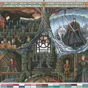 May include: A large rectangular tapestry featuring a detailed fantasy illustration with multiple scenes, including a central iron throne, a dragon, armoured soldiers, and various figures in medieval attire, all framed by a decorative border.