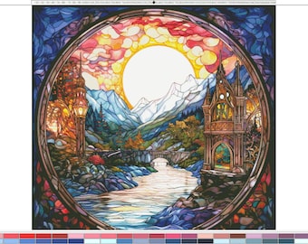 May include: A circular stained glass art piece depicting a landscape with a bright sun, snow-capped mountains, a flowing river, a stone bridge, and gothic-style towers on either side. The scene features vibrant blues, oranges, and yellows.
