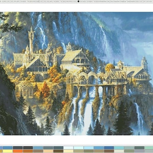 May include: A cross-stitch pattern featuring a detailed landscape of a stone castle complex nestled in a mountain valley with cascading waterfalls, arched bridges, and surrounding evergreen trees, accompanied by a colour palette chart at the bottom.