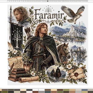 May include: A digital illustration featuring the character Faramir, depicted with long brown hair, wearing a dark cloak and tunic. The scene includes a white tree banner, a flying hawk, a horse, a castle, books, and a sealed envelope.