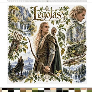 May include: A graphic print featuring the text Legolas, depicting a long-haired elf with a bow and quiver. The illustration includes scenes of waterfalls, mountains, and forest foliage in shades of green, brown, and white, showcasing the character in various poses amidst natural landscapes.