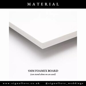 May include: Close-up of a white 5mm foam board. The board is thick and sturdy, and can stand alone on an easel. The text "5MM FOAMEX BOARD (can stand alone on an easel)" is printed on the board.