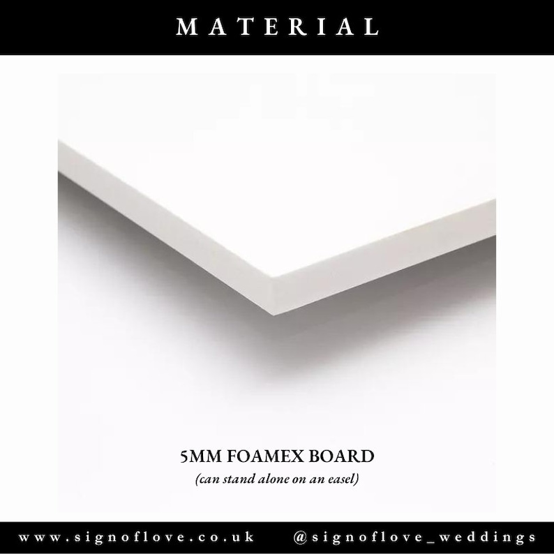 May include: Close-up of a white 5mm foam board. The board is thick and sturdy, and can stand alone on an easel. The text "5MM FOAMEX BOARD (can stand alone on an easel)" is printed on the board.