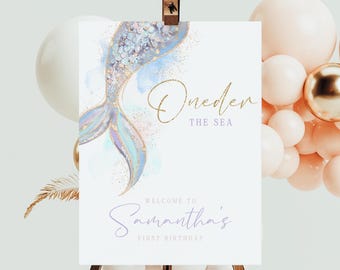 Mermaid Birthday Welcome Sign, Mermaid Tail Birthday Welcome Sign, Boho Mermaid Sign, Welcome Sign, Oneder the Sea