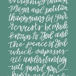 May include: White text on a teal background with a quote from Philippians 4:6-7: "Don't worry about anything but in everything through prayer and petition thanksgiving let your requests be made known to God and the peace of God which surpasses all understanding will guard your hearts and minds in Christ Jesus."