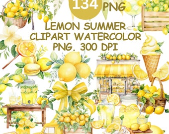 Watercolor Lemon Clipart Bundle, Summer PNG Graphics (Commercial Use)