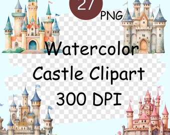 Watercolor Castle Clipart, Princess Birthday PNG (Digital Download)