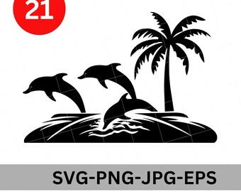 May include: Black and white silhouette of three dolphins jumping out of the water near a palm tree on an island.