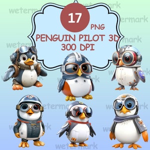 Joli pilote de pingouin 3D, lot de cliparts, parfait pour la fabrication de cartes, impression, autocollants créatifs PNG de haute qualité, téléchargement numérique, usage commercial