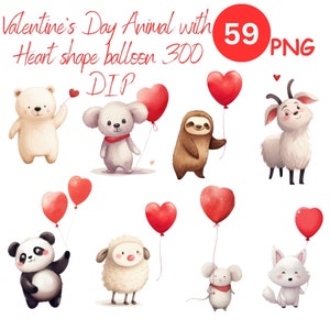 Paquete de imágenes prediseñadas del Día de San Valentín, animales lindos, oso panda perezoso, globo de corazón, gráficos románticos, boda, decoración de guardería, uso comercial