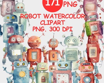 Watercolor Robot Clipart, Retro Nursery Decor (Digital Download)