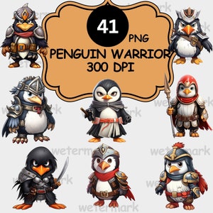 Lindo pingüino guerrero clipart, paquete, perfecto para camisetas, impresión, pegatinas artesanales PNG de alta calidad, descarga digital, uso comercial