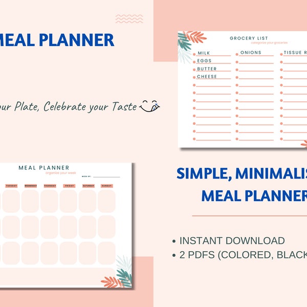 Meal Planner, Weekly meal planner, Printable Meal planner, printable grocery list and meal planner,