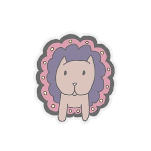 May include: A cartoon illustration of a purple cat with a pink flower crown. The cat has a light brown body and a white nose.