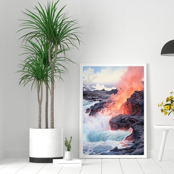 Lava Flow Wall Art, Printable, Dramatic Landscape Painting, Glowing Red and Orange at Night. Instant Download.