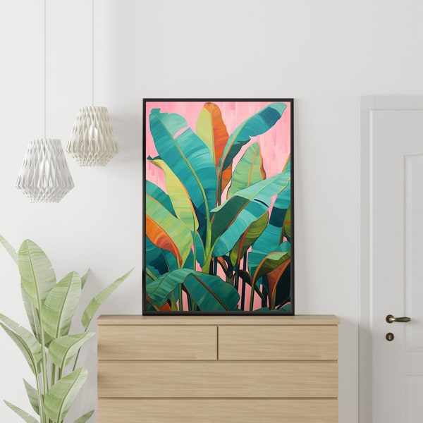 Tropical Wall Art, Printable, Colorful Banana Leaves, Abstract Plant Art, Orange, Blue, Green, Living Room Wall Art.