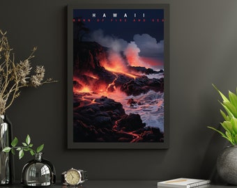 Lava Flow Wall Art, Printable, Dramatic Landscape Painting, Glowing Red and Orange at Night. Instant Download.