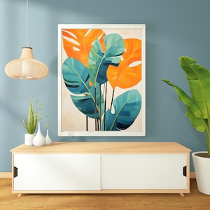 Tropical Wall Art, Printable, Colorful Banana Leaves, Abstract Plant Art, Orange, Blue, Green, Living Room Wall Art.