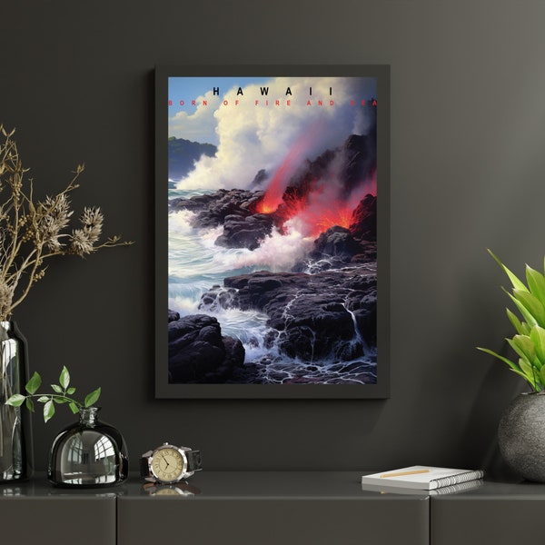 Lava Flow Wall Art, Printable, Dramatic Landscape Painting, Glowing Red and Orange at Night. Instant Download.