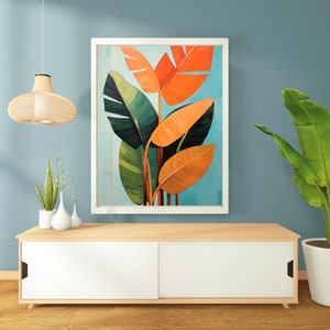 Tropical Wall Art, Printable, Colorful Banana Leaves, Abstract Plant Art, Orange, Blue, Green, Living Room Wall Art.