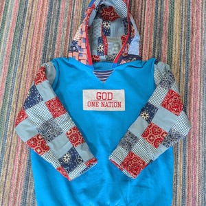 Upcycled Reworked Patchwork Women&#39;s Large Hoodie Sweatshirt Repurposed Quilt
