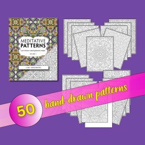 Op de afbeelding: Een boekomslag met de titel "Meditatieve patronen" en de ondertitel "Lori's patroon kleurboek voor volwassenen, Deel 1". De omslag heeft een kleurrijk mandala-ontwerp. Het boek wordt geleverd met 50 zwart-wit kleurplaten met ingewikkelde patronen.